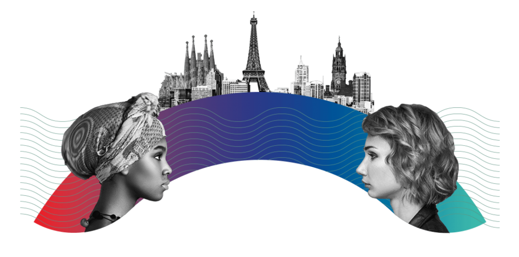 two women looking at each other with a purple blue arc between them